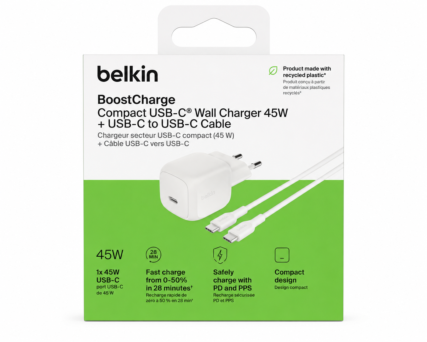 BELKIN Chargeur Secteur 45W + Câble USB-C vers USB-C 1m (PVC) (Blanc)