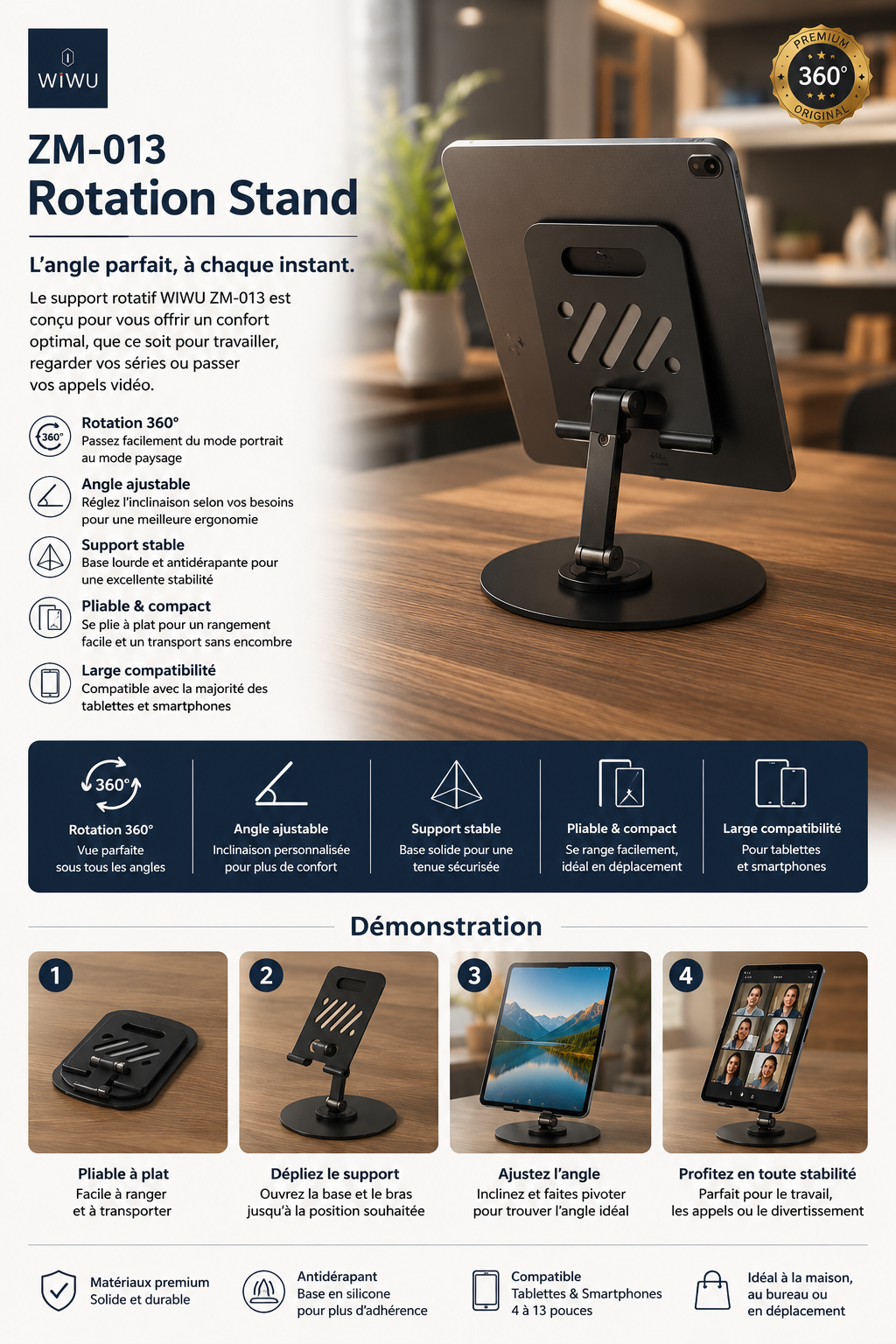 Support rotatif 360° pour smartphone ou tablette