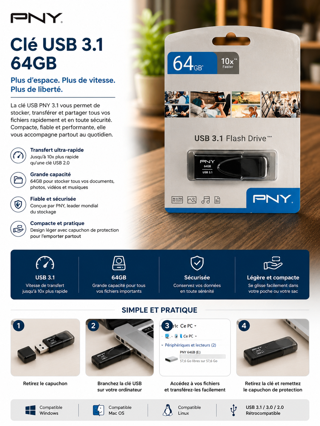 Clé USB PNY 32GB/64GB/128GB USB 3.1