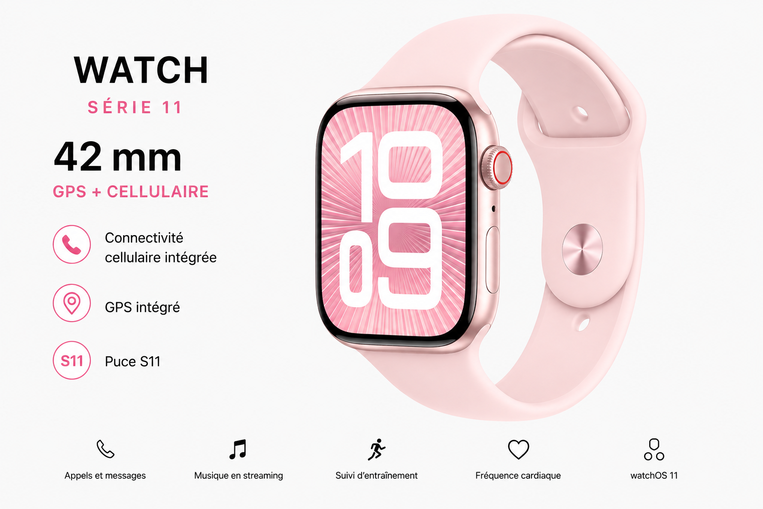 Apple Watch Série 11 – 42 mm GPS + Cellulaire – Rose