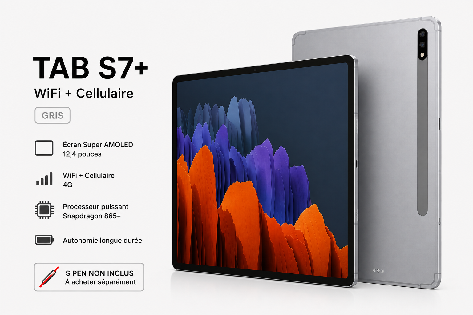 Samsung Galaxy Tab S7+ 256go – WiFi + Cellulaire – Gris