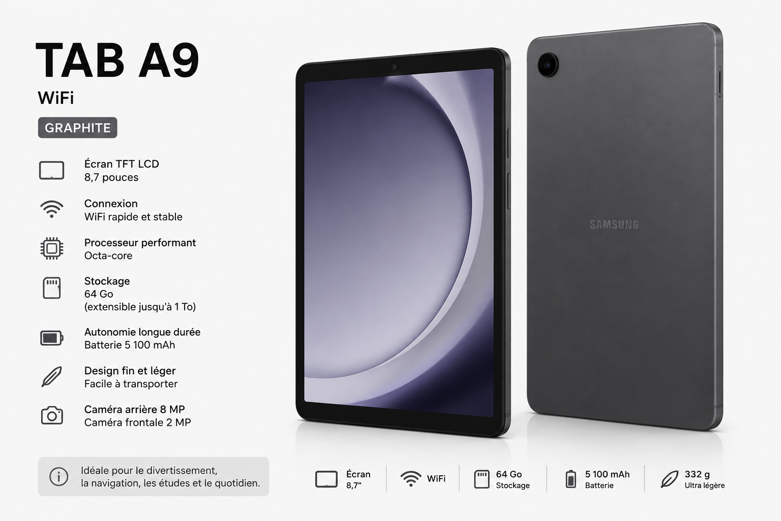 Samsung Galaxy Tab A9 64go – WiFi – Graphite