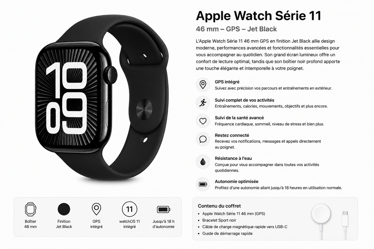 Apple Watch Série 11 – 46 mm GPS – Jet Black