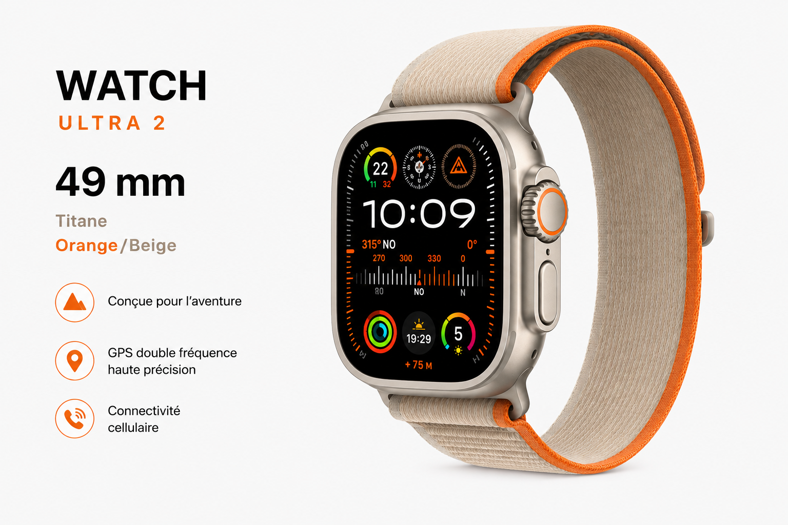 Apple Watch Ultra 2 – 49 mm Titane – Bracelet Orange / Beige